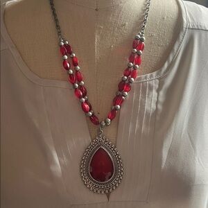 Ruby Rd. Red Teardrop Pendant Necklace with Silver-Tone Beads
